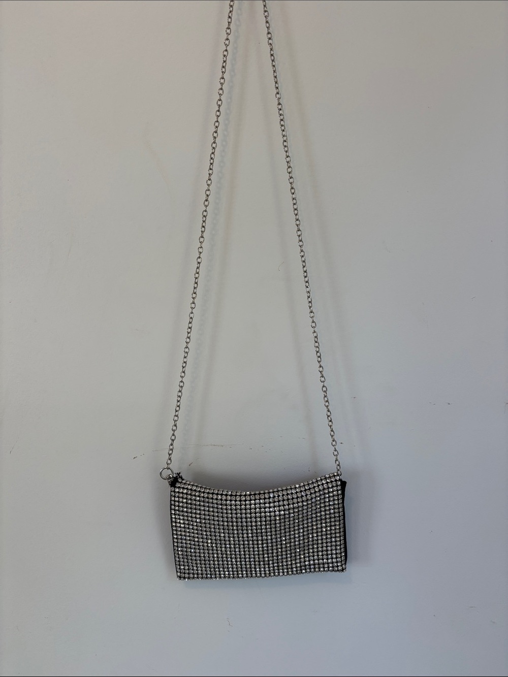 Silver Rhinestone Mini Crossbody Bag with Chain Strap